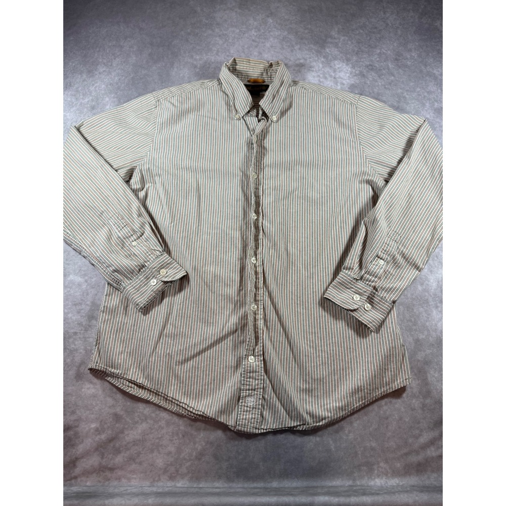 Timberland Mens Large Long Sleeve Striped Button Down Shirt Green Orange Cotton